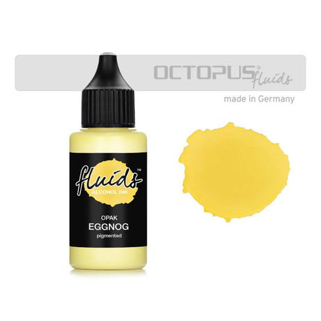 Opaque Eggnog Yellow alcohol ink in a 30ml bottle, designed for vibrant effects on dark surfaces and fast-drying applications.