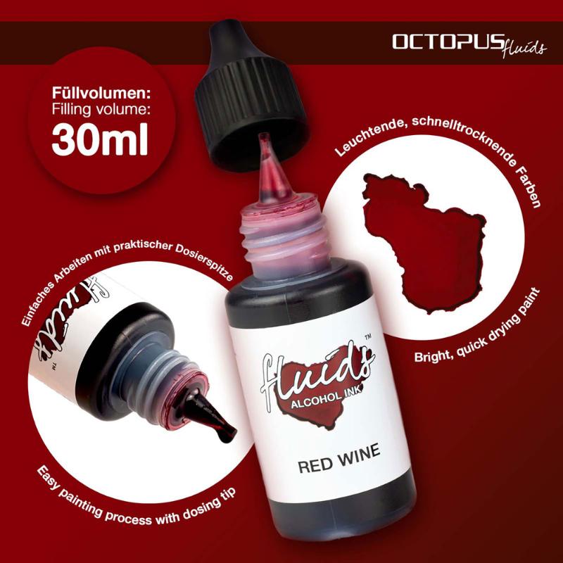 Octopus Fluids Red Wine Alcohol Ink in 30ml, vibrant, fast-drying ink for fluid painting on smooth surfaces.