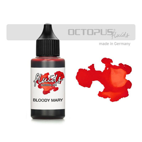 Vibrant Bloody Mary Red alcohol ink in 30ml, ideal for fluid painting on various smooth, non-porous surfaces.