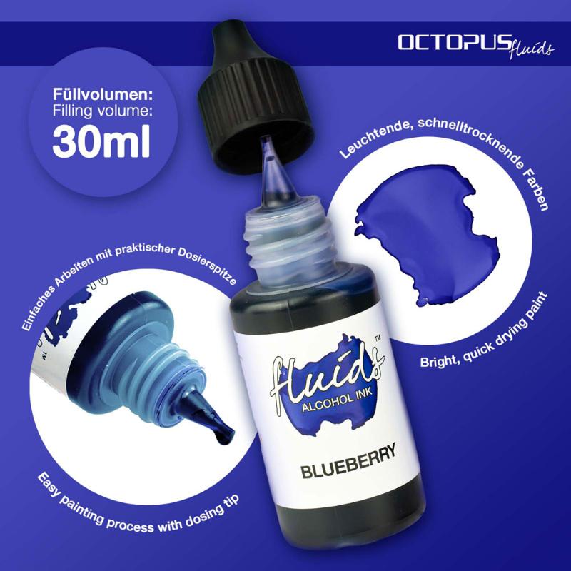 30ml bottle of Octopus Fluids Alcohol Ink in Blueberry Violet, ideal for vibrant fluid art on various surfaces, fast-drying and acid-free.