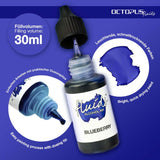 30ml bottle of Octopus Fluids Alcohol Ink in Blueberry Violet, ideal for vibrant fluid art on various surfaces, fast-drying and acid-free.