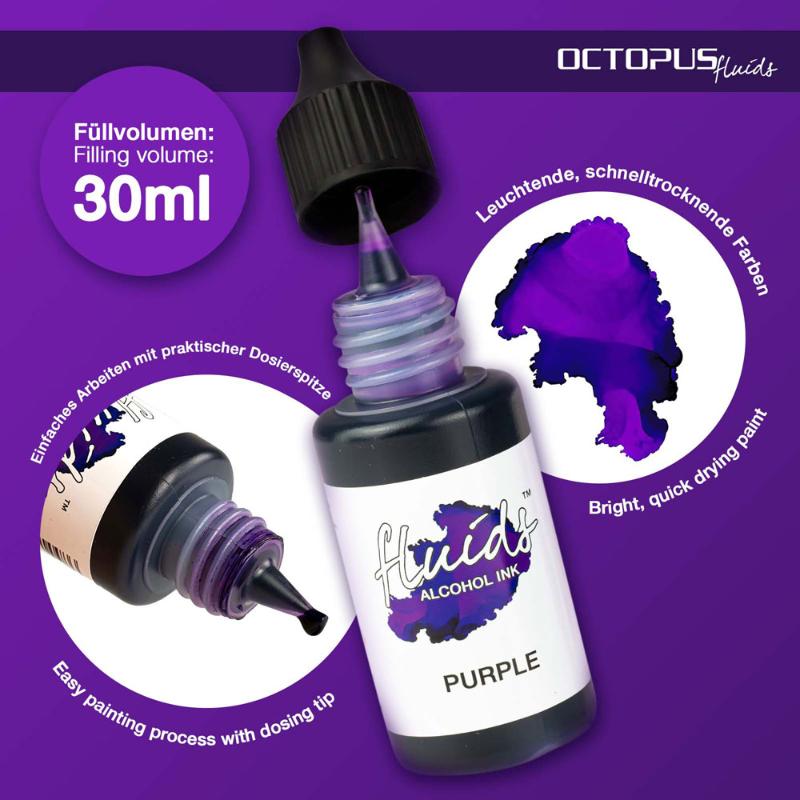 Vibrant Purple Violet alcohol ink, perfect for fluid art on smooth, non-porous surfaces, in a 30ml fast-drying bottle.