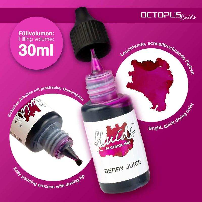 Octopus Fluids Alcohol Ink in Berry Juice Violet, 30ml, vibrant ink for fluid painting on smooth surfaces, fast-drying and waterproof.