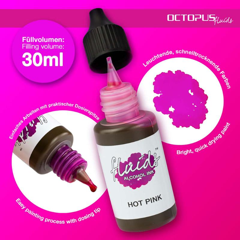 Vibrant 30ml Hot Pink alcohol ink for fluid art, perfect on non-porous surfaces like glass, metal, and ceramics.