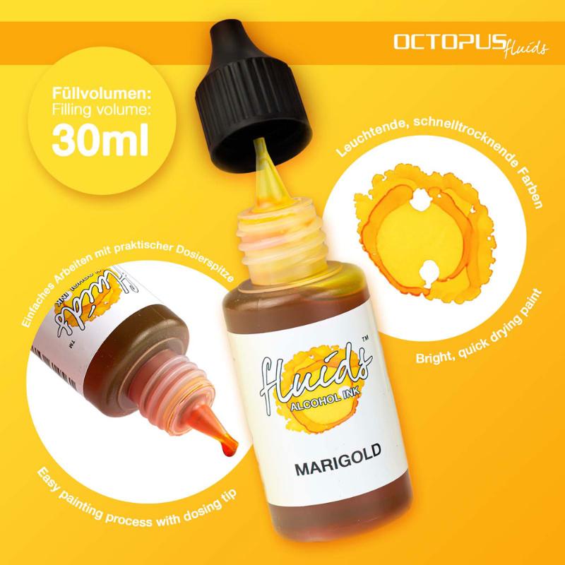 Vibrant Marigold Yellow alcohol ink in a 30ml bottle, ideal for fluid painting on various non-porous surfaces.