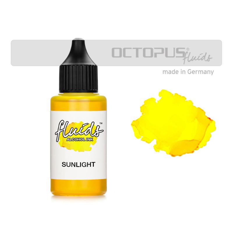 Bottle of Octopus Fluids Alcohol Ink in Sunlight Yellow, 30ml, ideal for vibrant painting on smooth surfaces.