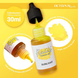 Vibrant 30ml Sunlight Yellow alcohol ink for fluid painting on smooth surfaces, fast-drying and waterproof with adjustment options.