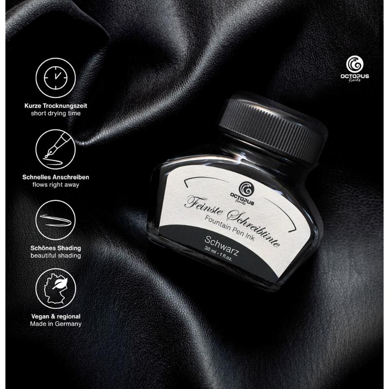 Octopus Fluids Black fountain pen ink in a 30ml bottle, designed for smooth flow, quick drying, and exquisite shading.