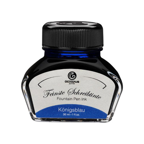 Royal blue fountain pen ink in a 30ml bottle, offering smooth flow, quick drying, and vibrant color for superior writing.