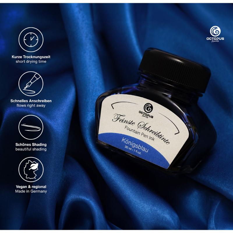 Royal blue Octopus Fluids fountain pen ink in 30ml bottle, known for smooth flow, quick drying, and minimal smudging.