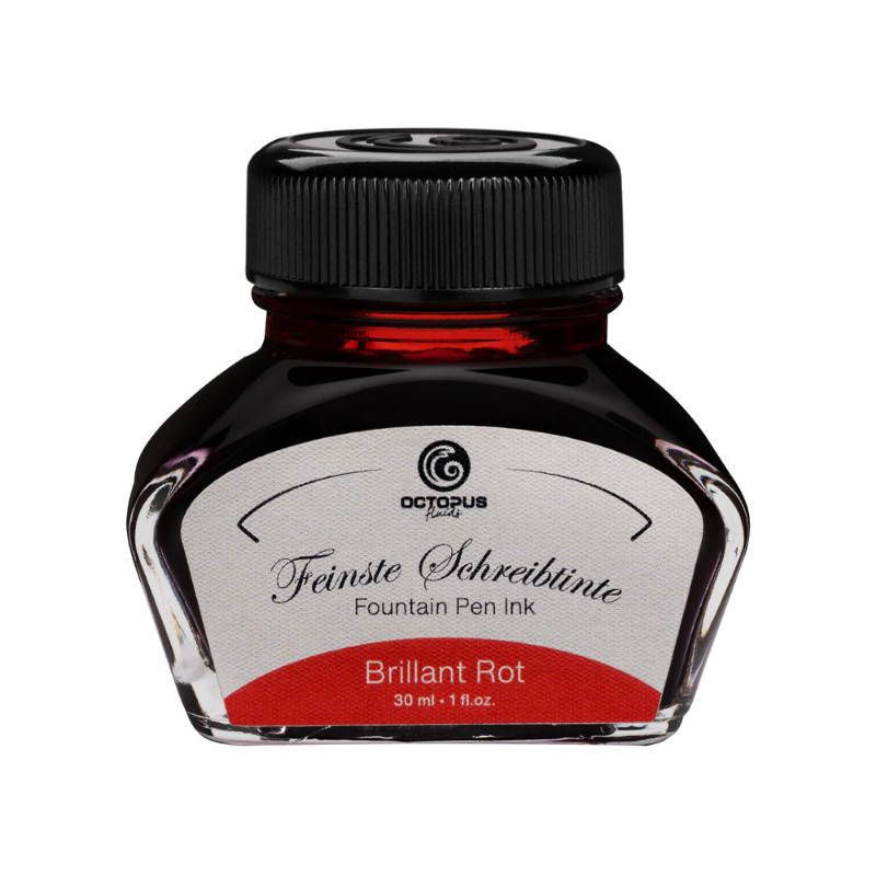 Brilliant Red fountain pen ink in a 30ml bottle, known for smooth flow, quick drying, and vibrant shading.