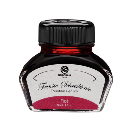 Vibrant 30ml Octopus Fluids Red fountain pen ink, formulated for smooth flow, quick drying, and minimal feathering.