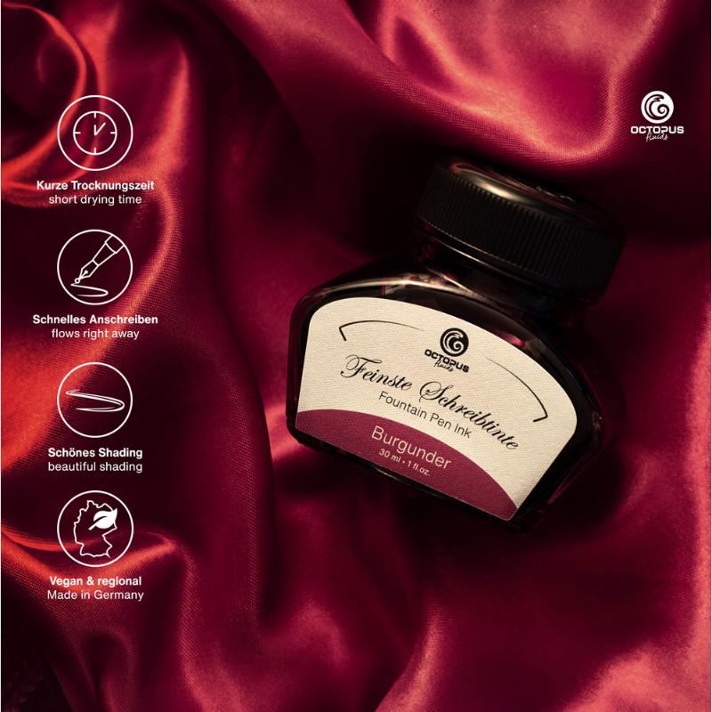 Octopus Fluids Burgundy fountain pen ink in 30ml, offering rich color, smooth flow, and quick-drying properties for elegant writing.