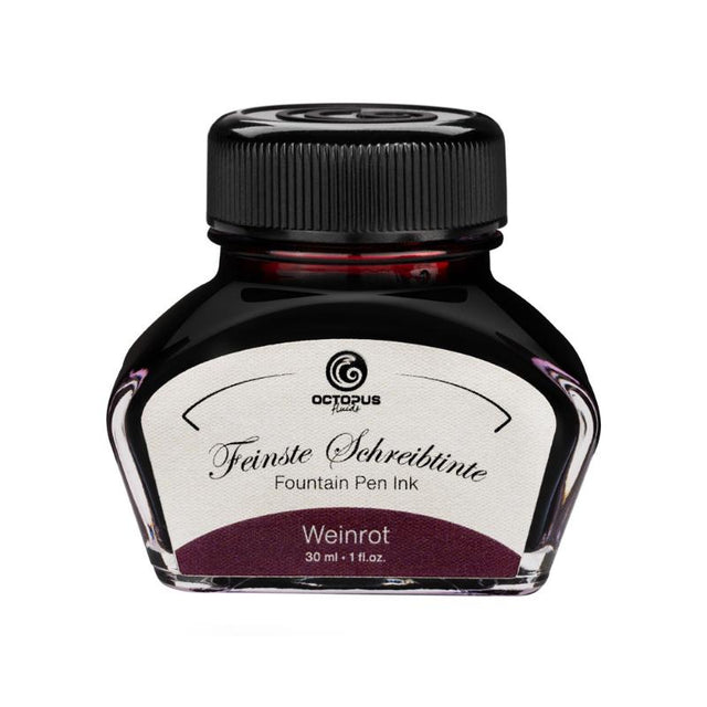 Octopus Fluids Wine Red fountain pen ink in 30ml, featuring smooth flow, fast drying, and rich shading for vibrant writing.