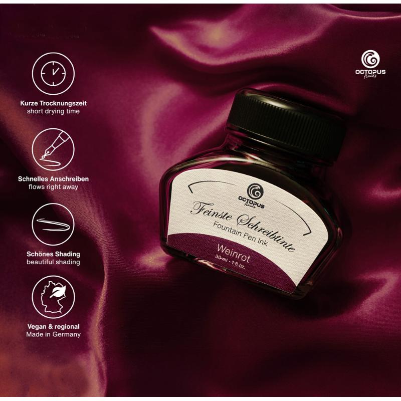 Rich wine red fountain pen ink in a 30ml bottle, designed for smooth writing and minimal smudging, ideal for calligraphy and journaling.