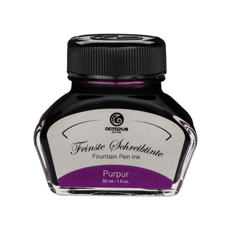 Octopus Fluids 30ml purple fountain pen ink, known for vibrant color, smooth flow, and quick-drying properties for flawless writing.