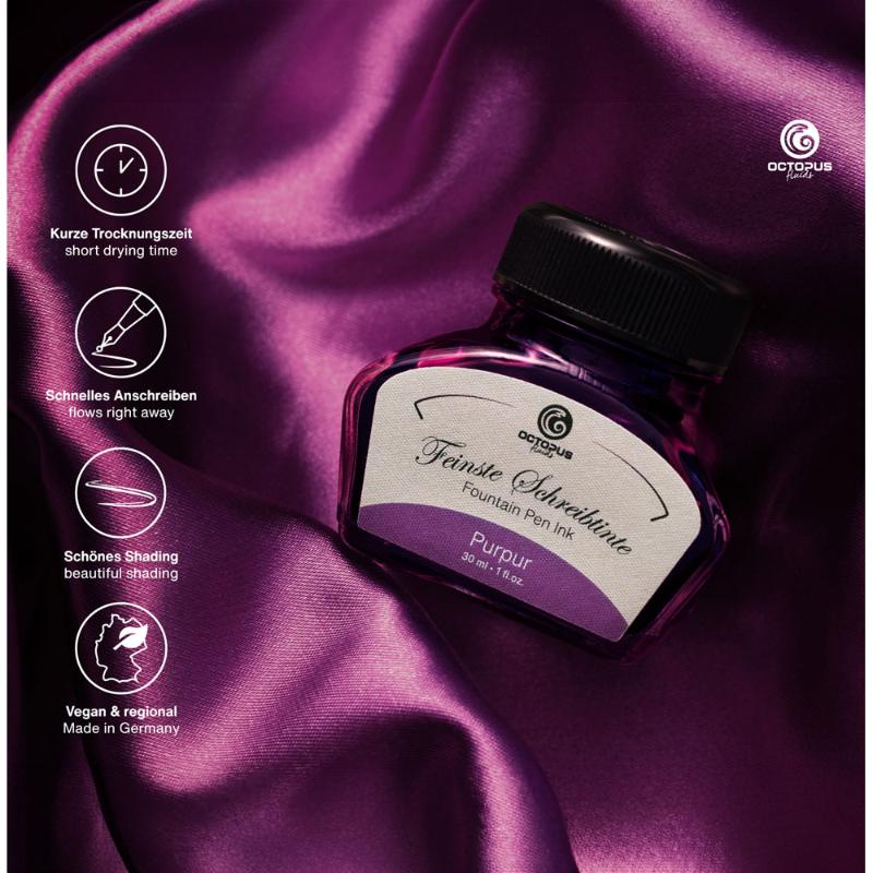 30ml bottle of vibrant Octopus Fluids Purple fountain pen ink, designed for smooth writing and quick-drying performance.