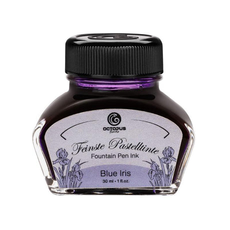 Pastel Blue Iris fountain pen ink in a 30ml bottle, showcasing a smooth, vibrant shade perfect for elegant writing and art.