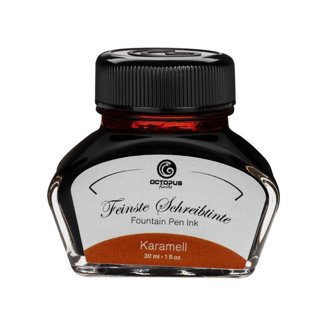 Rich caramel fountain pen ink in a 30ml bottle, ideal for smooth writing, calligraphy, and minimal smudging.