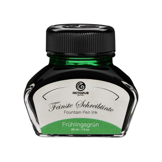 Vibrant Spring Green fountain pen ink in a 30ml bottle, offering smooth writing, quick-drying, and stunning shading effects.