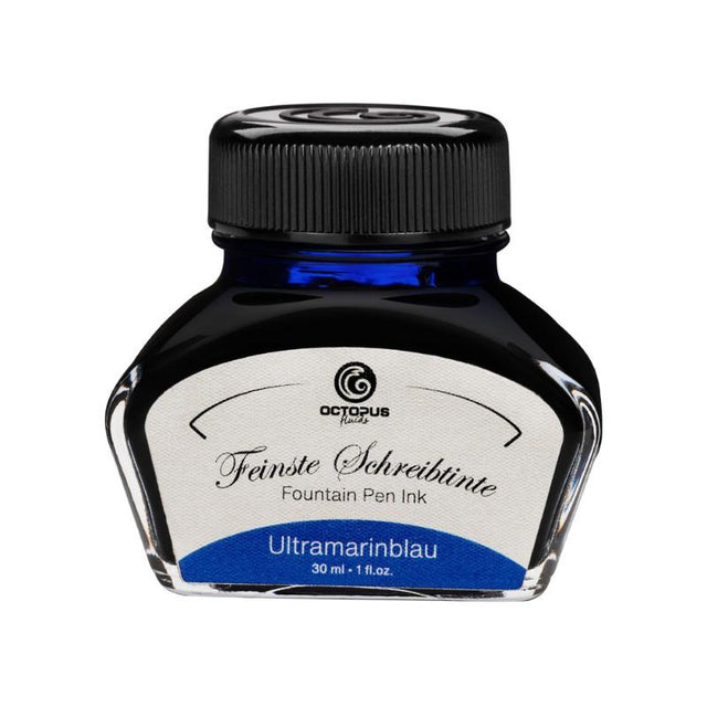 Vibrant Ultramarine Blue fountain pen ink in a 30ml bottle, designed for smooth flow and quick drying on paper.