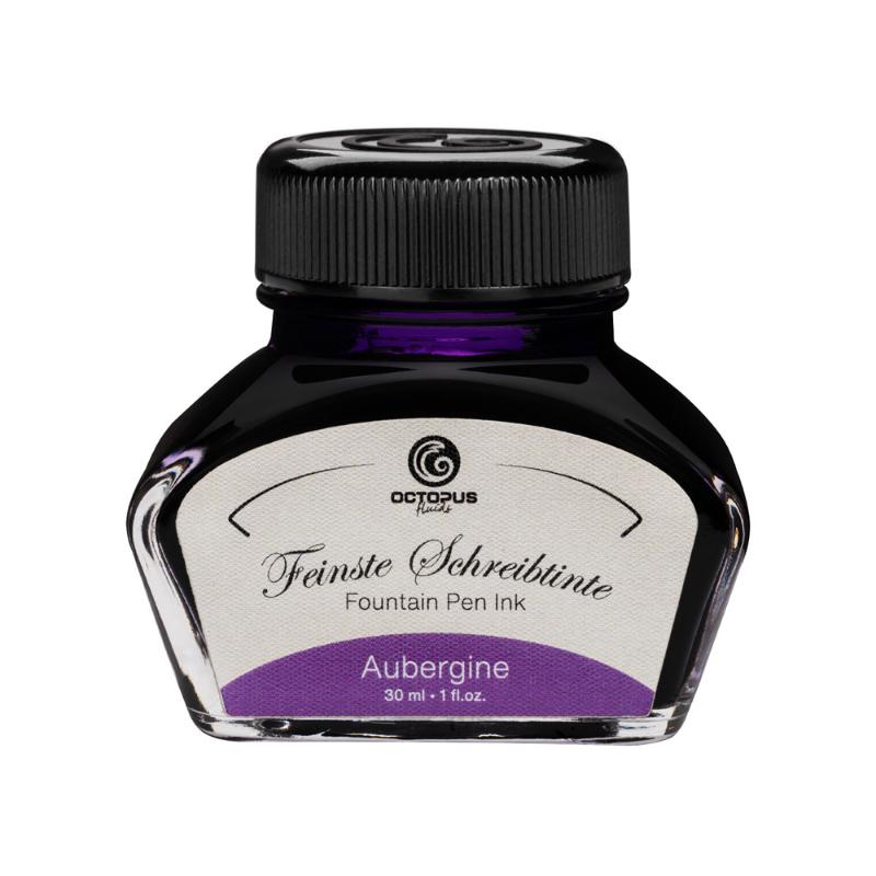 Aubergine fountain pen ink in a 30ml bottle, offering smooth flow, quick drying, and vibrant shading for exquisite writing.