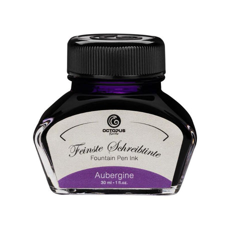 Aubergine fountain pen ink in a 30ml bottle, offering smooth flow, quick drying, and vibrant shading for exquisite writing.