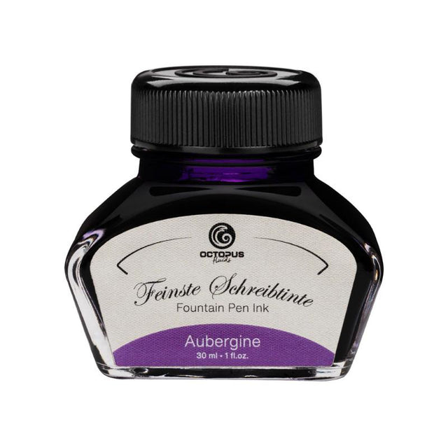 Aubergine fountain pen ink in a 30ml bottle, offering smooth flow, quick drying, and vibrant shading for exquisite writing.