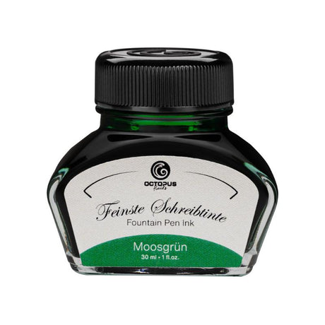 Moss Green (Moosgrun) fountain pen ink in 30ml, featuring smooth flow, quick drying, and minimal fraying for elegant writing.