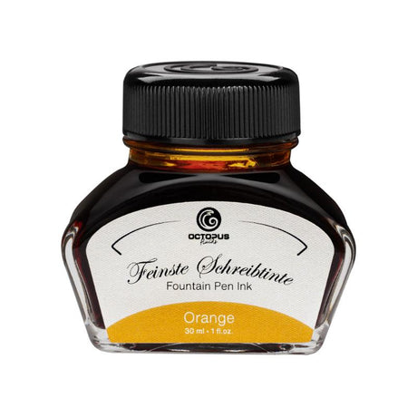 Vibrant orange fountain pen ink in a 30ml bottle, ensuring smooth flow and quick-drying for a delightful writing experience.