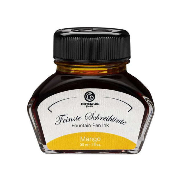 Vibrant mango fountain pen ink in a 30ml bottle, crafted for smooth writing and minimal smudging, perfect for artists and writers.