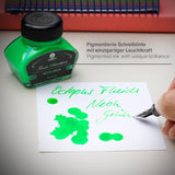 Vibrant fluorescent neon green highlighter ink in a 30ml bottle, perfect for precise marking and creative expression.