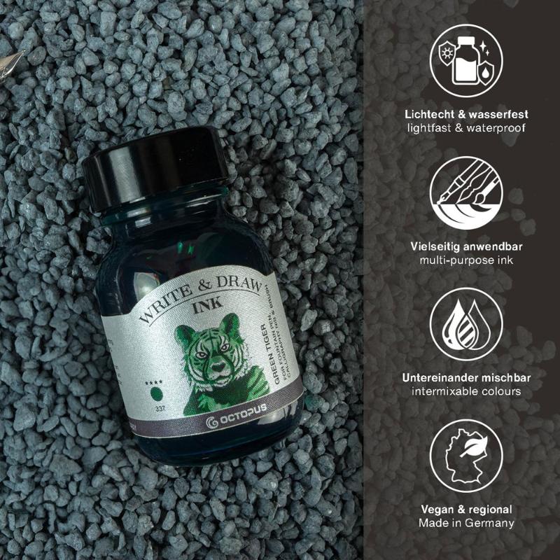 Vibrant 50ml Green Tiger ink for fountain pens, featuring smudge-proof and waterproof qualities for artists and creatives.