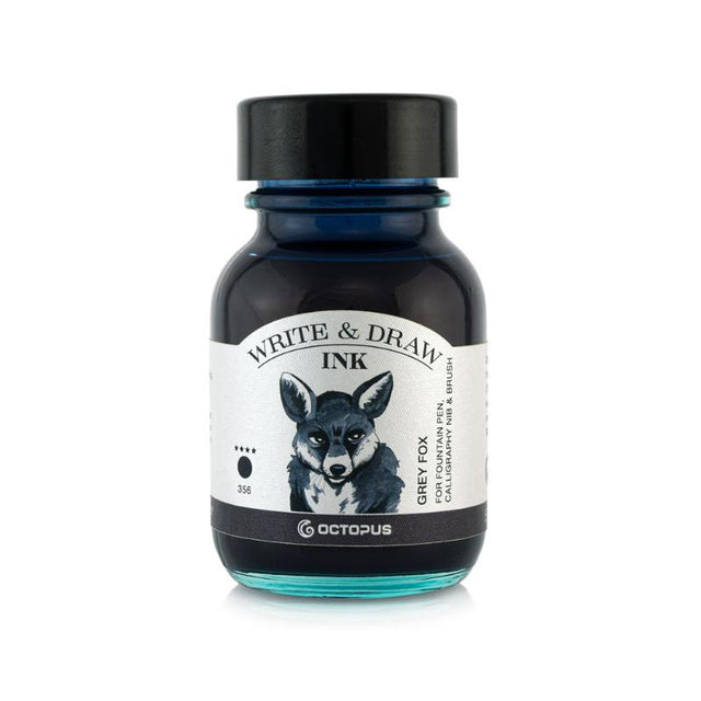 Octopus Fluids 50ml Grey Fox ink, smudge-proof and waterproof for fountain pens, perfect for artists and eco-conscious creators.