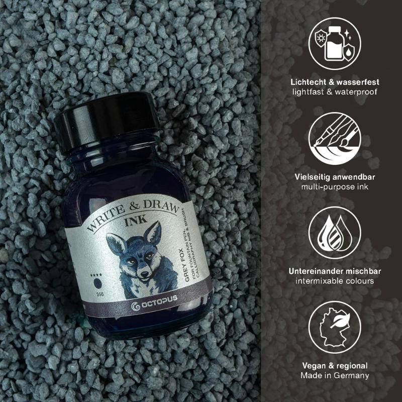 Octopus Fluids 50ml Write and Draw Ink in Grey Fox, a smudge-proof, waterproof ink ideal for artists and fountain pen use.