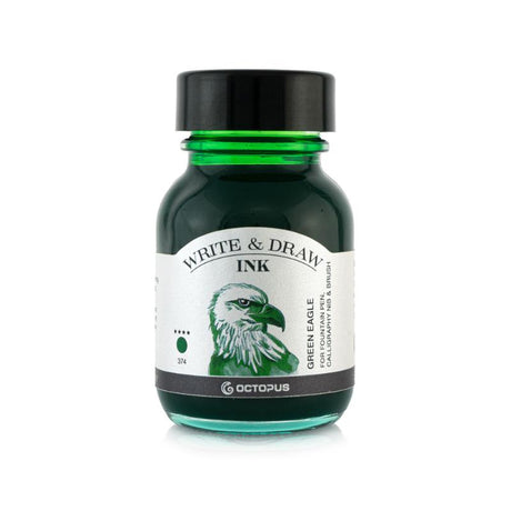 50ml bottle of Octopus Fluids Write and Draw Ink in Green Eagle, featuring smudge-proof and waterproof properties for artists.