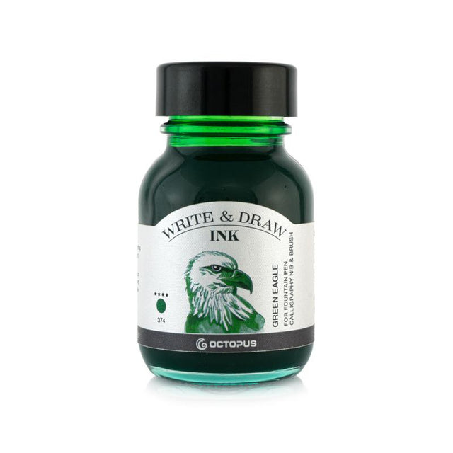 50ml bottle of Octopus Fluids Write and Draw Ink in Green Eagle, featuring smudge-proof and waterproof properties for artists.