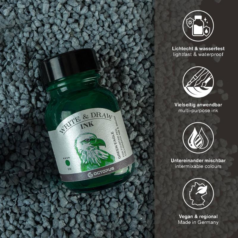 50ml bottle of Octopus Fluids Green Eagle ink, ideal for artists with waterproof and smudge-proof features for vibrant creations.