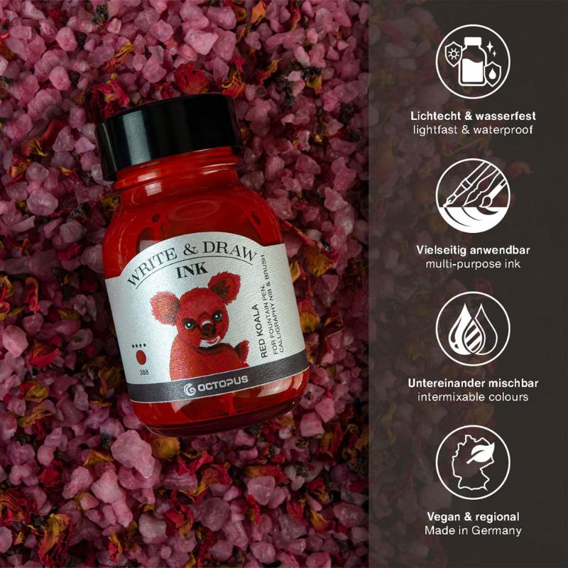 Vibrant 50ml red ink in a bottle, perfect for writing and drawing, smudge-proof and waterproof for lasting creativity.