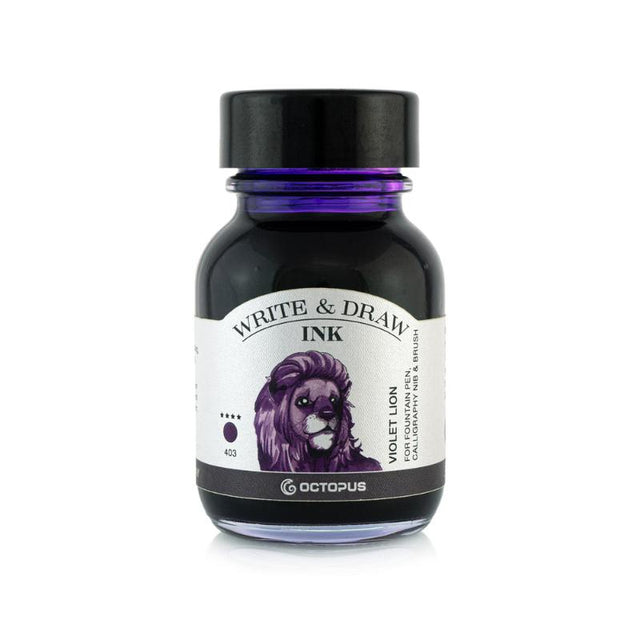 Vibrant 50ml Octopus Fluids Write and Draw Ink 403 in Violet Lion, ideal for artists and waterproof for lasting artwork.