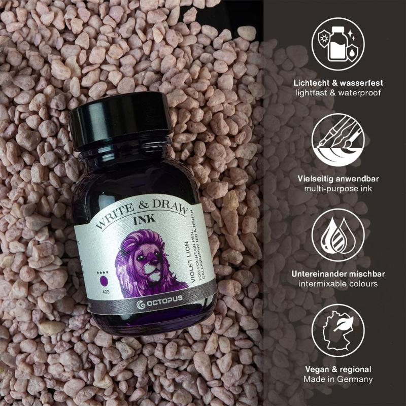 Vibrant 50ml Octopus Fluids Ink in Violet Lion, smudge-proof, waterproof, ideal for artists and writing enthusiasts.