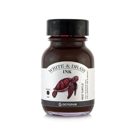 Vibrant 50ml bottle of Octopus Fluids Red Turtle ink, smudge-proof and waterproof, ideal for artists and calligraphers.