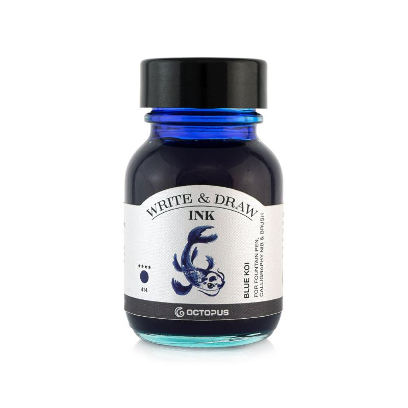 Vibrant 414 Blue Koi 50ml ink for fountain pens, smudge-proof, waterproof, perfect for artists and calligraphers.