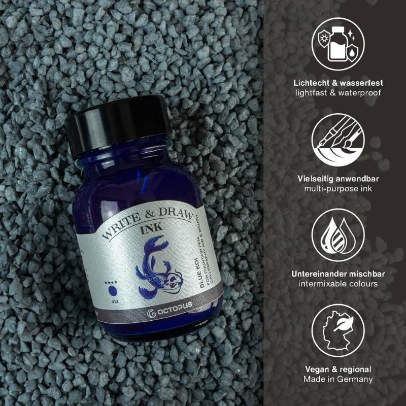 Vibrant 414 Blue Koi ink in a 50ml bottle, perfect for artists and calligraphers, smudge-proof and waterproof for lasting results.