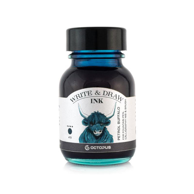 Vibrant 50ml Petrol Buffalo ink for fountain pens, calligraphy, and art; smudge-proof, waterproof, and vegan-friendly.