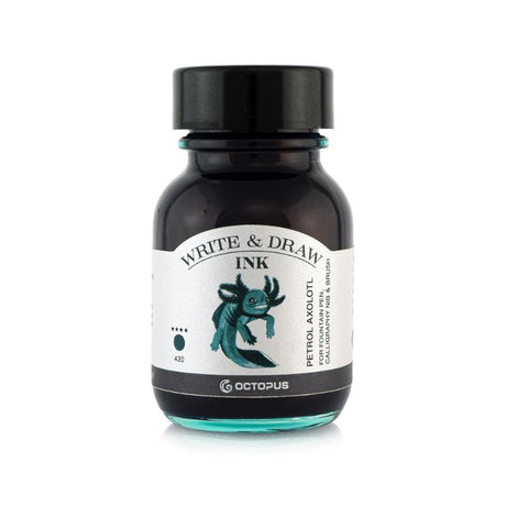 Vibrant 50ml Petrol Axolotl ink for writing and drawing, featuring smudge-proof and waterproof qualities for artists.