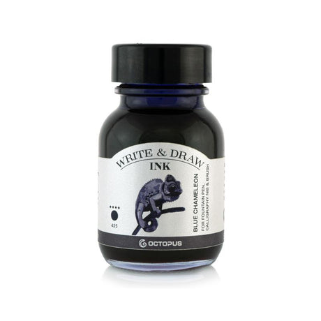 50ml bottle of vibrant blue chameleon ink, ideal for writing, drawing, and compatible with fountain pens.