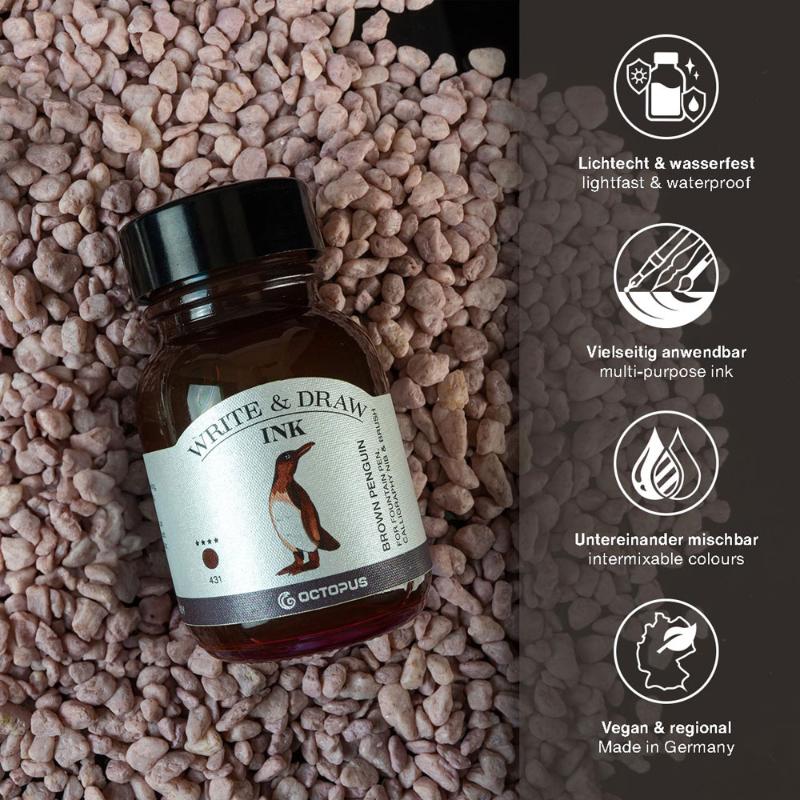 Brown Penguin ink in a 50ml bottle, perfect for artists and writers; smudge-proof, waterproof, and vegan.