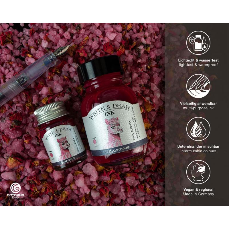 Vibrant 50ml Octopus Fluids Write and Draw Ink in Pink Alpaca, smudge-proof and waterproof for artists and calligraphers.