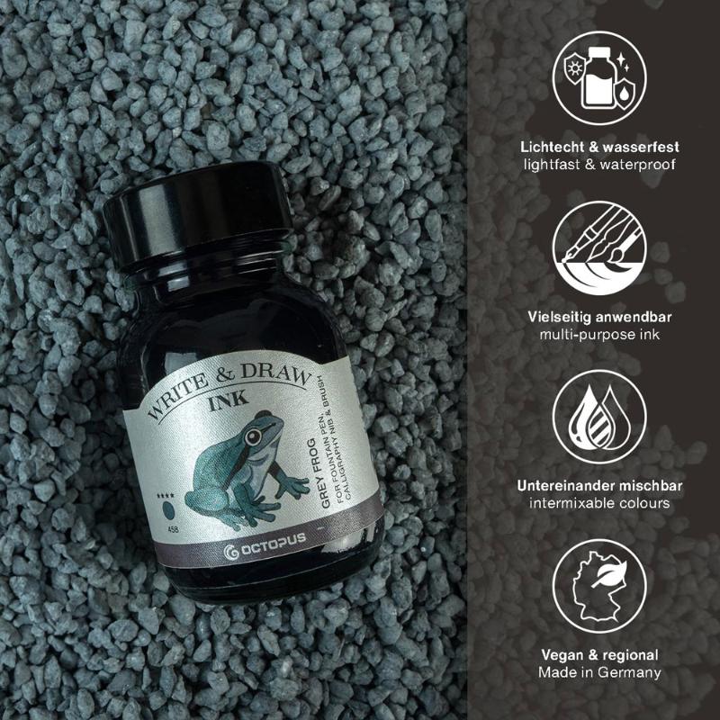 Octopus Fluids 458 Grey Frog ink in 50ml, smudge-proof, waterproof, perfect for fountain pens and artistic expression.